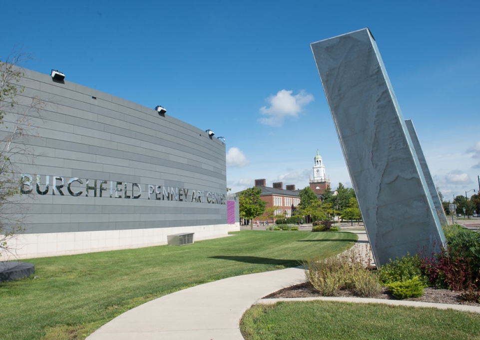 Front view of the Burchfield Penney with Rockwell Hall in the background