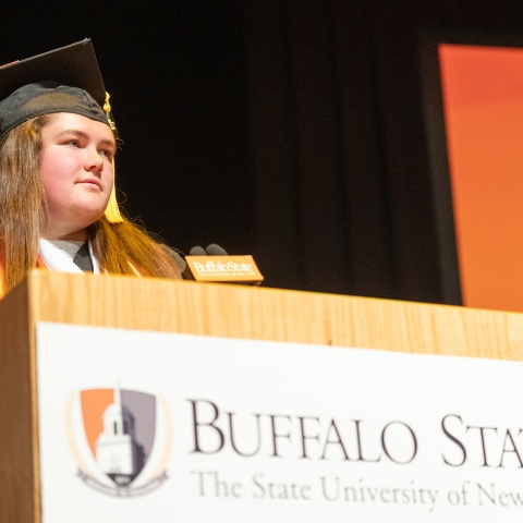 Samantha Kaufman speaking at convocation
